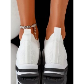 Casual Plain Breathable Slip On Block Heel Fly Woven Shoes