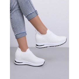 Casual Plain Breathable Slip On Block Heel Fly Woven Shoes