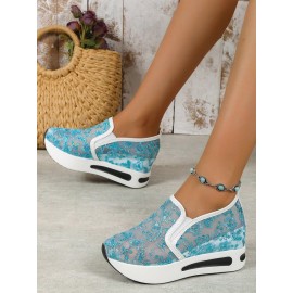 Breathable Floral Embroidery Slip-on Muffin Sneakers