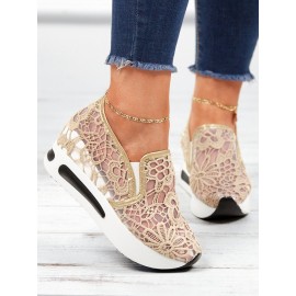 Floral Embroidered Mesh Paneled Slip-On Wedge Sneakers