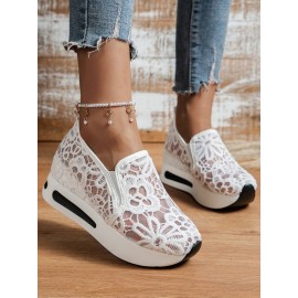 Floral Embroidered Mesh Paneled Slip-On Wedge Sneakers
