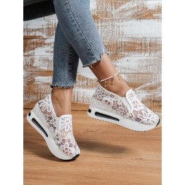 Floral Embroidered Mesh Paneled Slip-On Wedge Sneakers