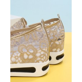Floral Embroidered Mesh Paneled Slip-On Wedge Sneakers