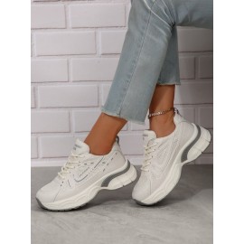 Sports Plain Breathable Lace-Up Block Heel Chunky Trainers Split Joint