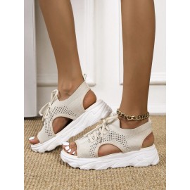 Breathable Hollow Out Lace Up Front Slip On Sports Sandals