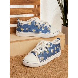 Daisy Graphic-Print Denim Lace-Up Canvas Flats