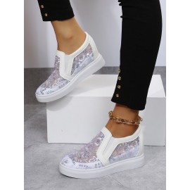 Sequins Floral Embroidered Lace Paneled Slip-On Wedge Shoes